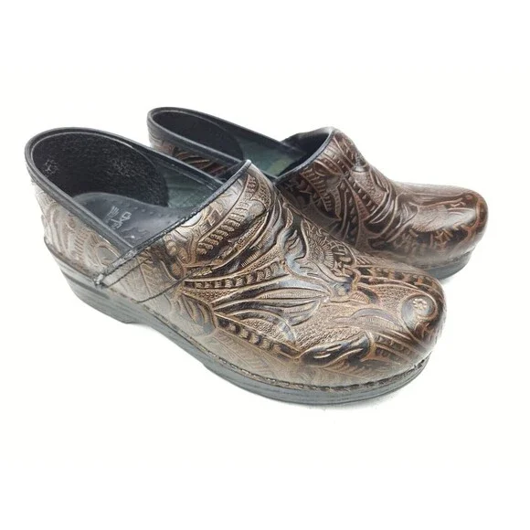 Dansko Womens Professional Clogs Sz 38 7.5-8 Brown Leather Floral Tooled Etched - Picture 4 of 9